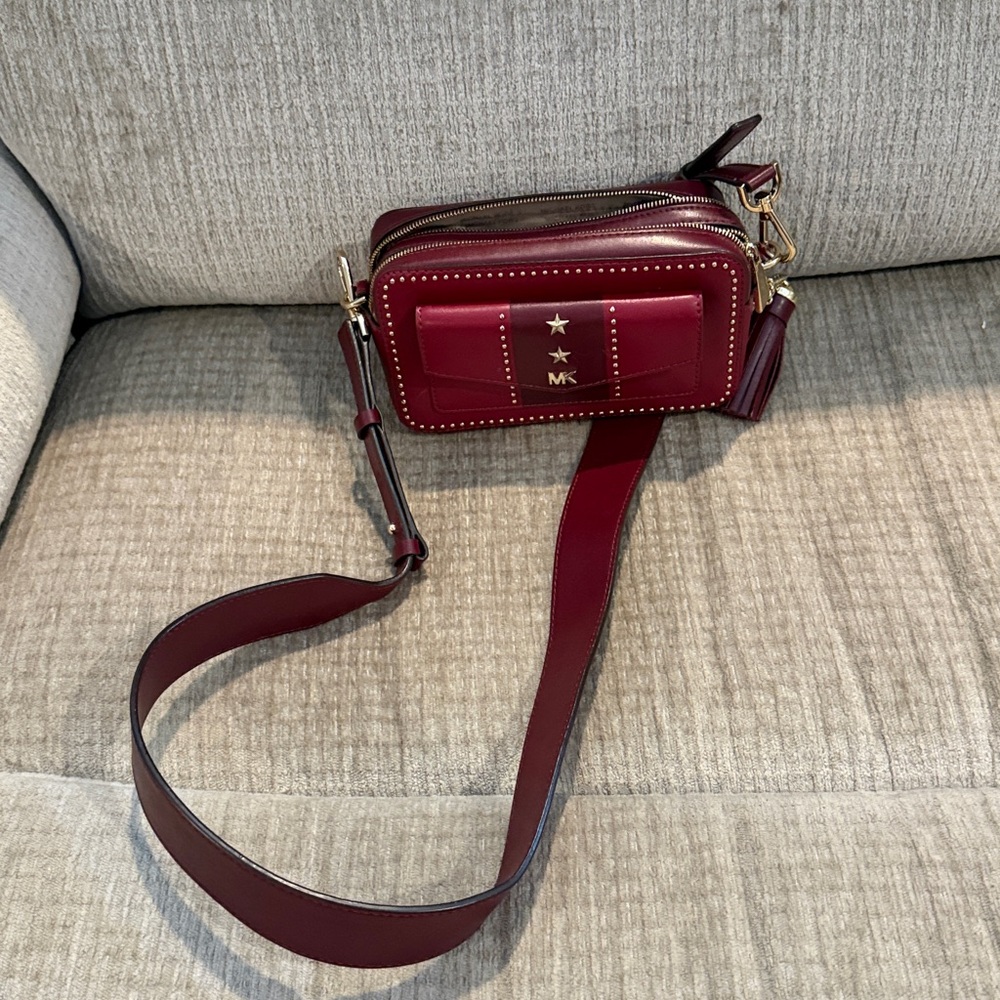 Michael Kors Wine studded camera Crossbody Bag with Gold Accents 4 x 7 - Picture 12 of 12